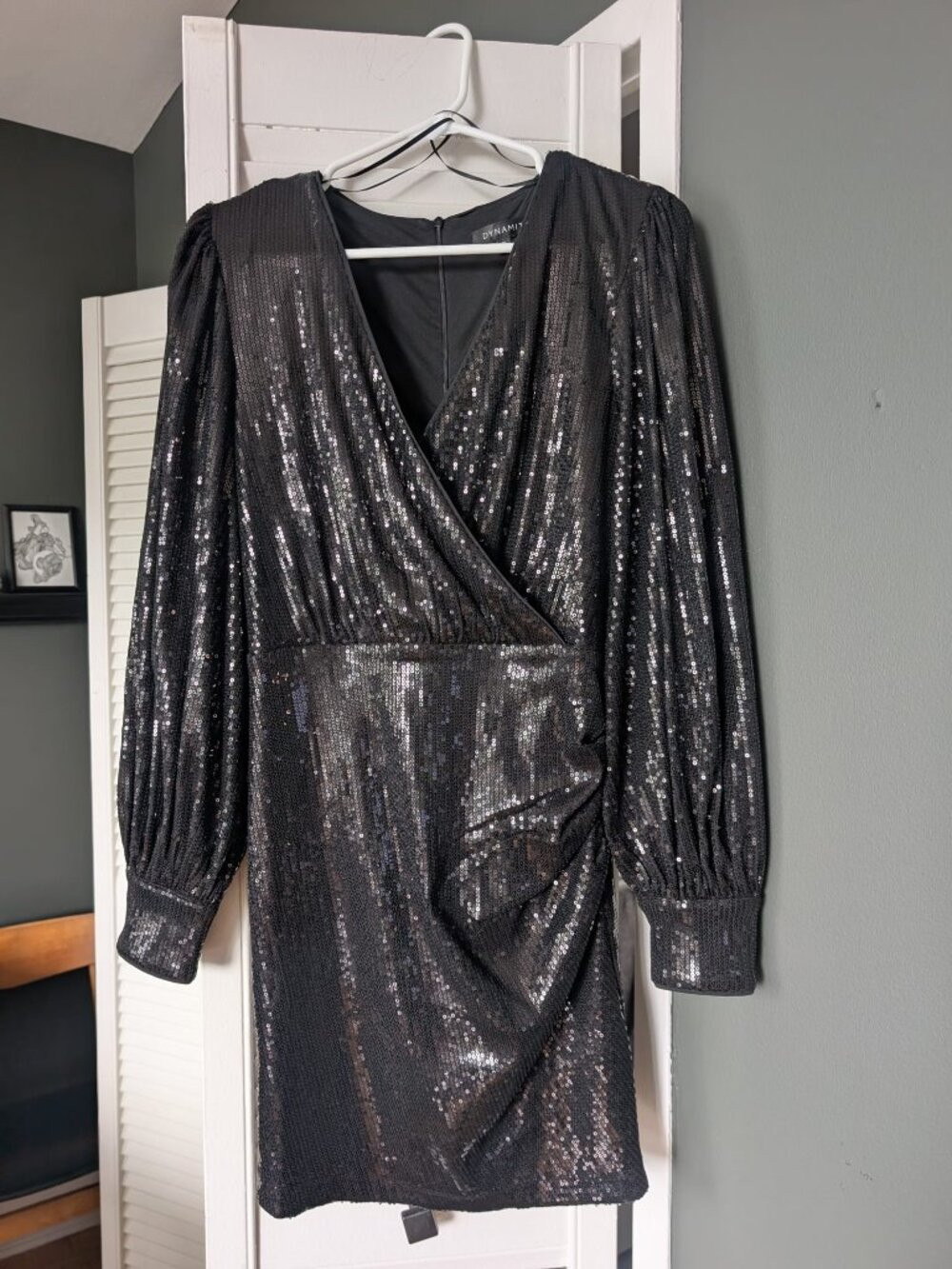 Dynamite Black Sequin Long Sleeve Wrap Mini Dress